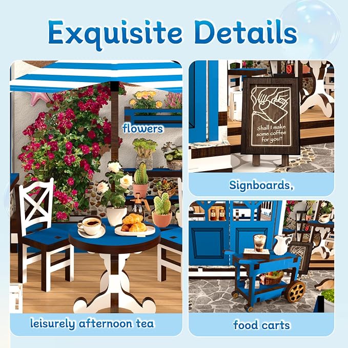 DIY Miniature House Kit, Coffee Shop Book Nook Kit, Mini Building Kit, Dollhouse Kit for Adults and Teens, 3D Wooden Puzzles with LED Light, Craft Kit for Family and Friends(Sunny Coffee Shop)