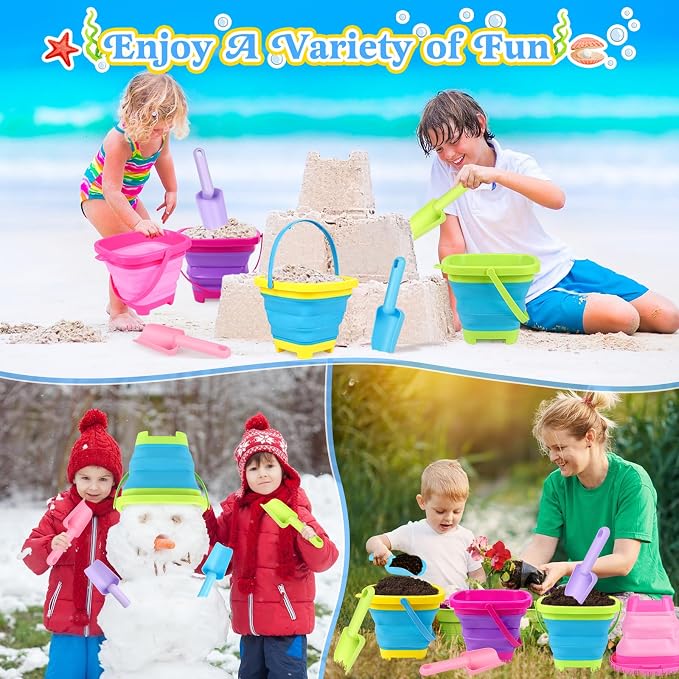Collapsible Beach Buckets for Kids, 4 Packs Foldable Sand Buckets and Shovels with Mesh Beach Bag, Silicone Sand Pails for Toddlers Beach Toys, Easter Egg Hunt, Camping, Travelling, Fishing Water Pail