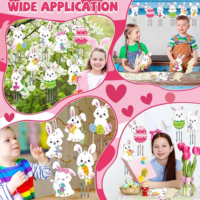 gisgfim 16 Pack Easter Bunny Wind Chime Kits Easter Crafts for Make Your Own Easter Rabbit Wind Chime Wooden DIY Art and Crafts for Spring Party Hanging Decoration Supplies Birthday Favor