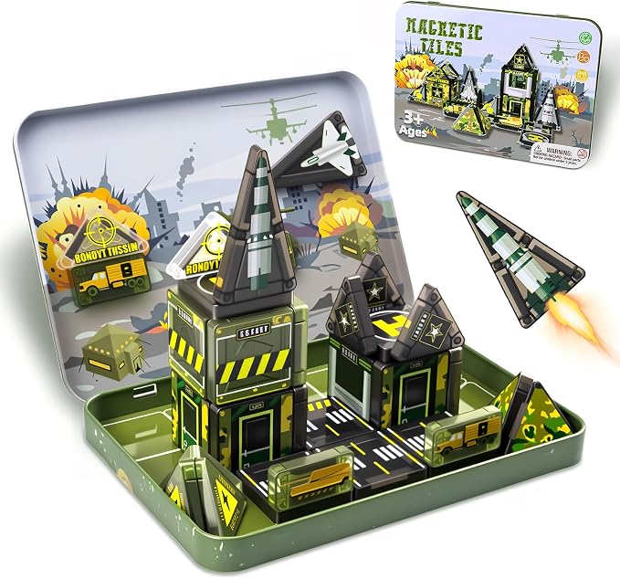 Magnetic Tiles,42PCS Magnetic Building Blocks with Metal Storage Box,Magnet Tiles for Kids Ages 3+,Magnet Tile for Boys & Girls(Military)
