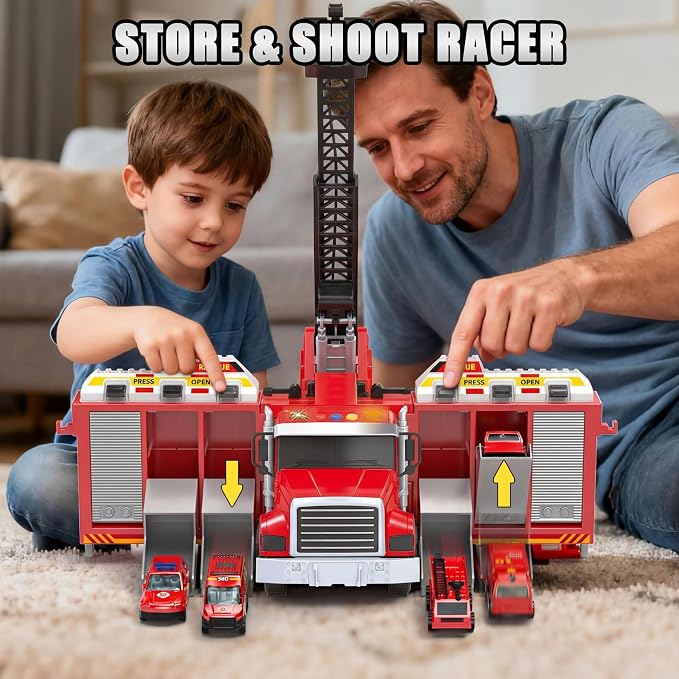 Inertial Drive Fire Truck Toy for 2 Year Old 27+'' Liftable Ladder/180° Rotatable Water Sprinkler , 6 Alloy Rescue Car Fire Trucks Playset, Light/Sound Firetruck Toys 3-5 Years Old w/Openable Carriage