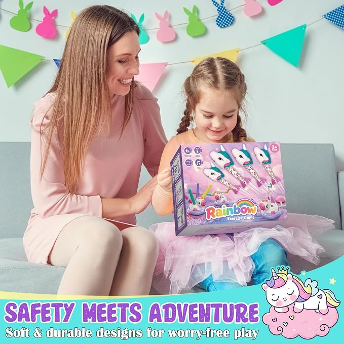 Unicorn Stomp Rocket Launcher for Kids Ages 3-8, 3-in-1 Outdoor Toys for Girls with Musical Jumping Game, Ring Toss, Remote Control, Birthday Gift for Screen-Free Active Backyard Outdoor Play