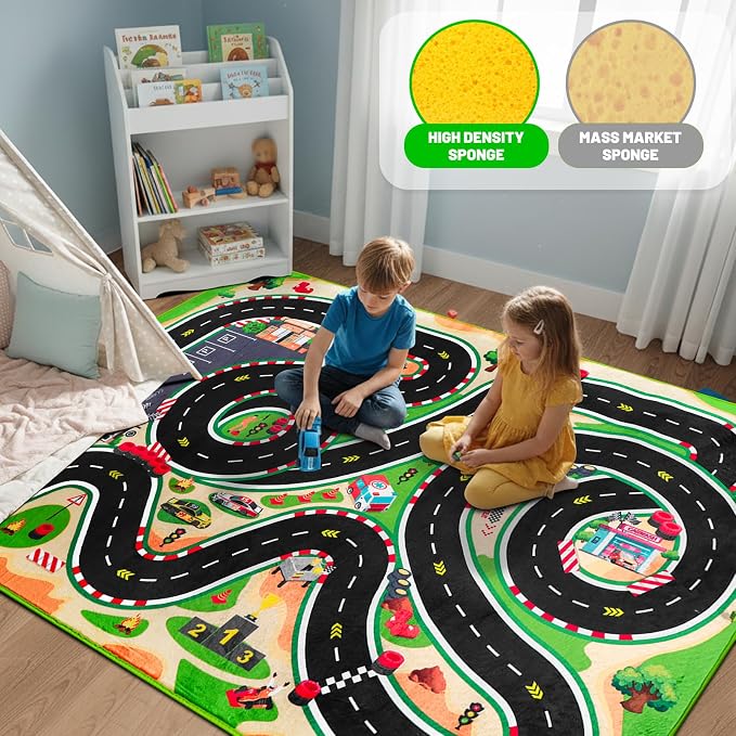 Kids Car Rug for Play Toy Cars, 4'11" x 3'3" Non-Slip Race Track Play mat Carpet Kid Road Rugs for Playroom Classroom Kids Room,Karting Road Racing Track Floor Mat Rug for Bedroom(for Age 2+,Green)