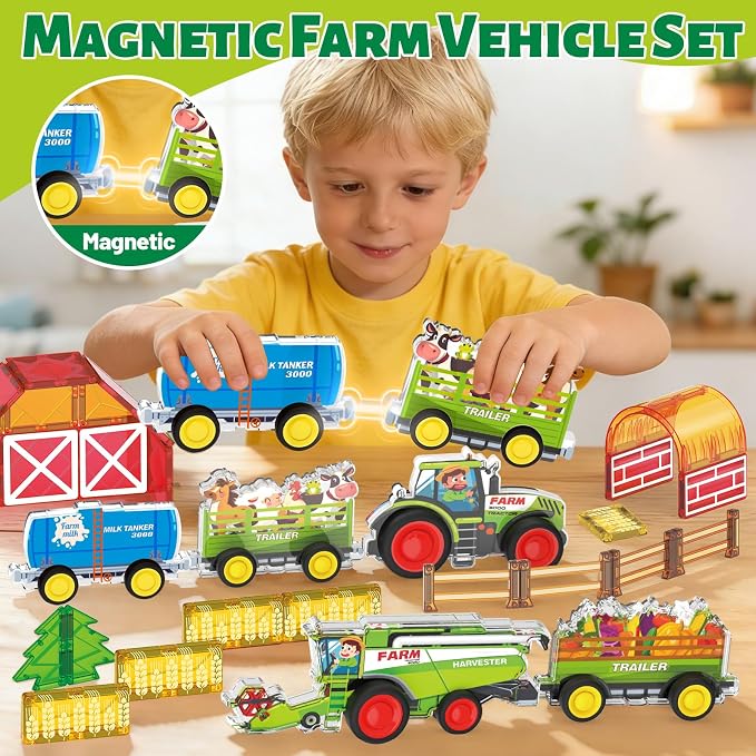 3D Magnet Farm Tractor Toy for Magnetic Tiles & Blocks, 5pcs STEM Educational Learning Toys Inc Combine Harvester Tractors Farm Animal Trailer, Farming magnet tiles toys for kids 3+ year old