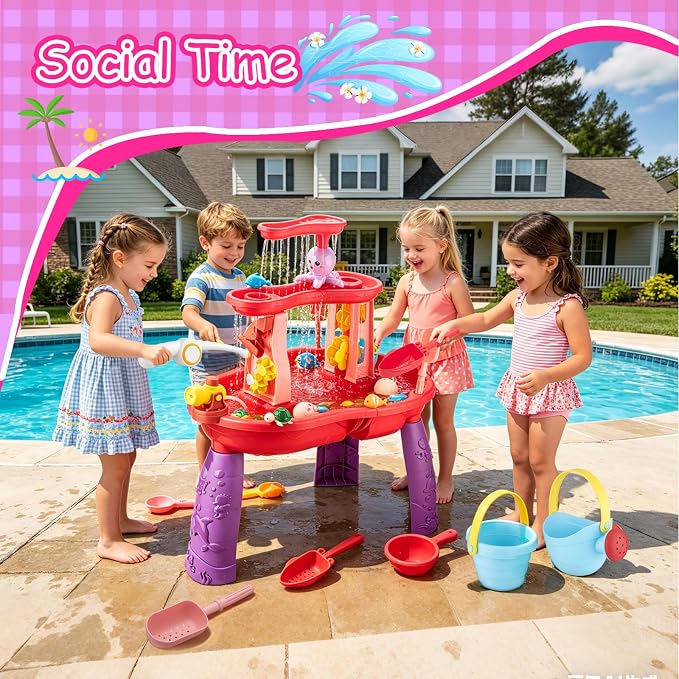 VROGTIK Water Table for Toddlers 3-5, Kids Sand Water Table with Fishing Game Set, Sensory Play Table Toys for Outdoor Pool Beach Backyard Summer Birthday Gift for Girls Outside Toys for Toddler