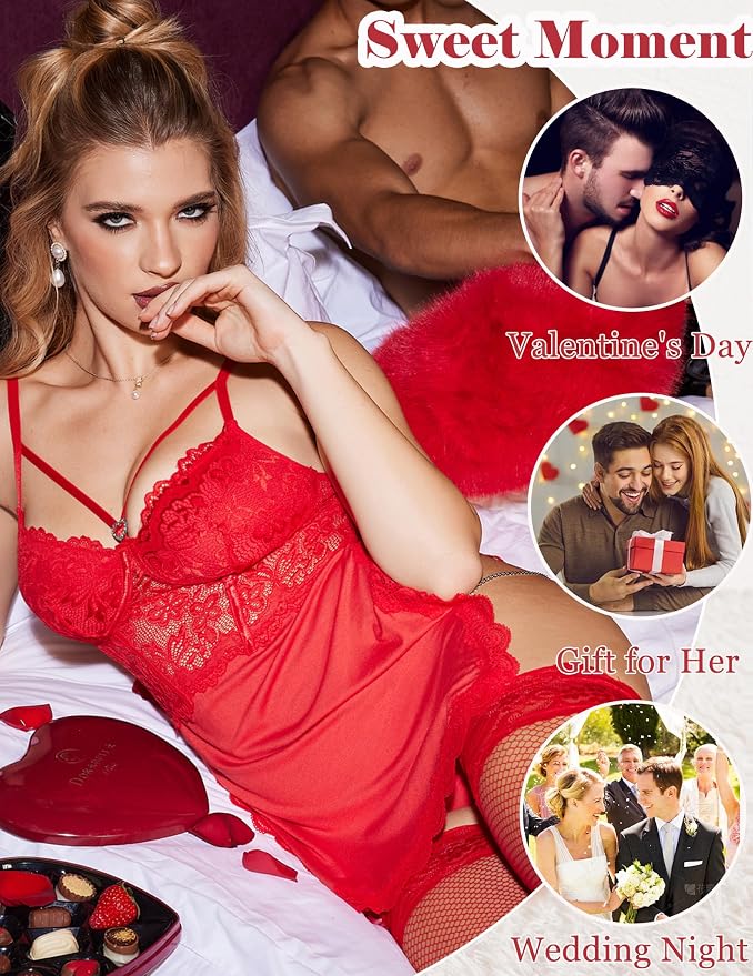 Avidlove Lingerie for Women Sexy Babydoll Lingerie Dress Chain Side Slit Chemise Nightgowns with G-String