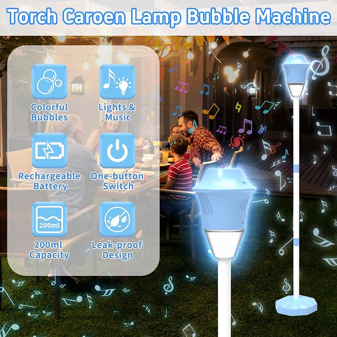 Infowush Bubble Machine for Kids, Automatic Standing Bubble Maker Machine Height Adjustable Up to 47 Inches Outdoor Battery Bubble Machine with Light/Music for Toddlers Birthday Party Gifts（Blue）