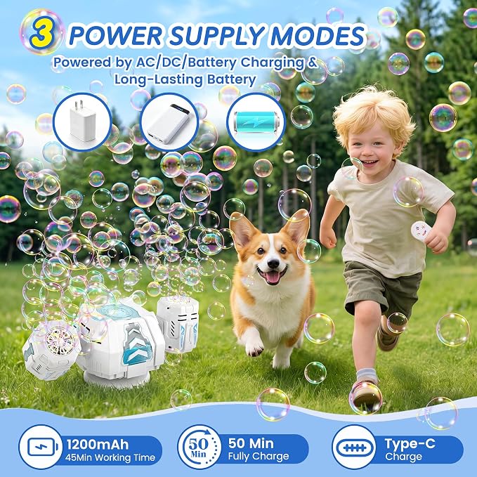 Bubble Machine with Remote Control, 360° Auto Rotation 30000+ Big Bubbles Multicolor LED Lights, Rechargeable Bubble Machine for Parties Birthday Wedding Boys Girls Indoor Outdoor