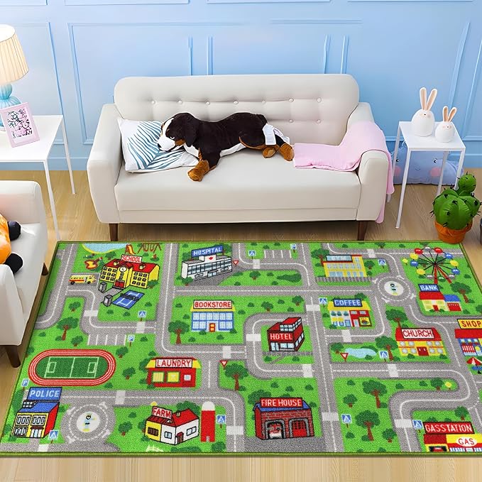 Capslpad Green Car Road Kid Rug Carpet Playmat for Playoom Traffic Road Kids Play Mat for Toddler Non Slip Washable City Map Race Track Carpet Rug for Kids Room Bedroom Nursery Room Decor,5'x2.7'