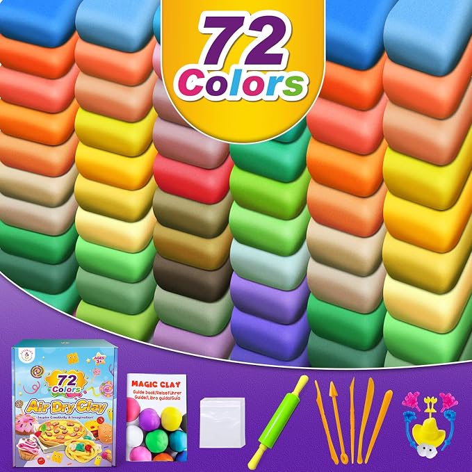 Air Dry Clay, 72 Colors Modeling Magic Clay for Kids | Includes Tools, Soft & Ultra Light, Ages 3-8+ Years, Boys & Girls