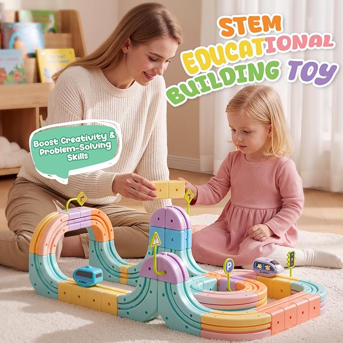 Hot Bee Electric Train Set for Kids, Gravity-Defying 3D Train Track Set with 93PCS Flexible Snap-On Tracks, USB Rechargeable Motorized Car, STEM Building Toy Birthday Gifts for Boys Girls 3 4 5 6 7 8+