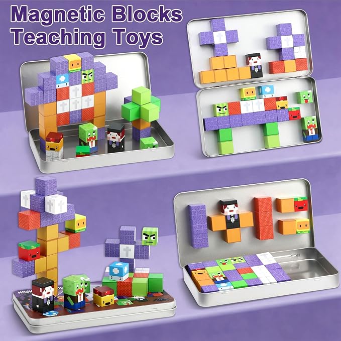 QOUBAI 45PCS Mini Magnetic Blocks Travel Toys, Magnet Building Cubes Tiles Set with Portable Iron Case, Learning Activities Gifts for Kids Toddlers Boys & Girls Ages 3-8 (Zombies)