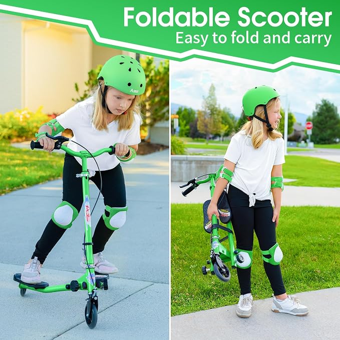 Swing Scooter for Kids, 3 Wheels Foldable Wiggle Kick Scooter Push Drifting with 4 Adjustable Handlebar & 2 Rear LED Wheel for Boys and Girls Ages 3-8