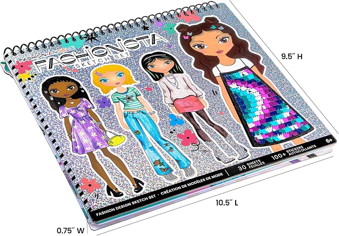 Fashion Angels Fashion Design Sketch Portfolio, Includes 40 Sketch Sheets, 4 Stencil Sheets & Stickers, Fashion Sketch Pad for Beginners & Kids Ages 6+