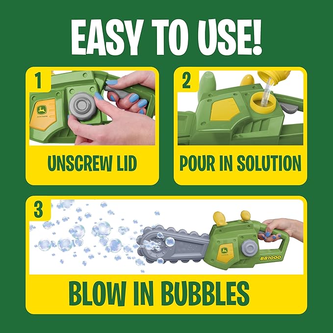 John Deere Motorized Bubble Chainsaw Toy for Kids – Bubble Blowing Pretend Play Tool - Toddler Bubble Blaster Machine - Includes Non-Toxic Bubble Solution, Ages 3+