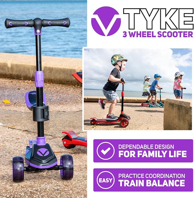 Vital Tyke 3 Wheel Toddler Scooter | LED Wheels, Foldable, Tool-Free Adjustable Handlebar & Removable Seat Scooters for Kids 3-5 and kick Scooters for Kids 5-7 up to 110lbs