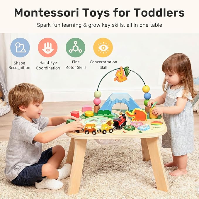 WINGYZ Activity Table for 1 Year Old Toddler, 9-in-1 Multi-Colorful Wooden Montessori Toys, Baby Play Table with Bead Maze Shape Sorter Train Toy, Educational Gifts for 12 Months+ Kids Boys Girls