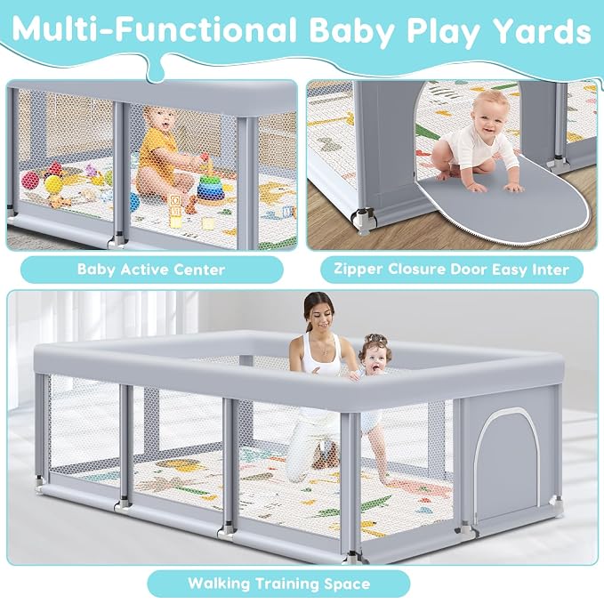 Fshibila 74" ×50" Large Baby Playpen, Baby Playard for Babies and Toddlers, Play Pens for Indoor & Outdoor, Sturdy Safety Play Yard with Soft Breathable Mesh, Anti-Fall, Grey (with MAT)