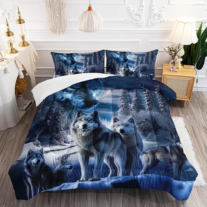 AILONEN Boys Bedding Set - Wolf Printed Comforter Set, Twin Size, 3Pcs Safari Wolves Duvet Set, 1 Quilt and 2 Pillowcases