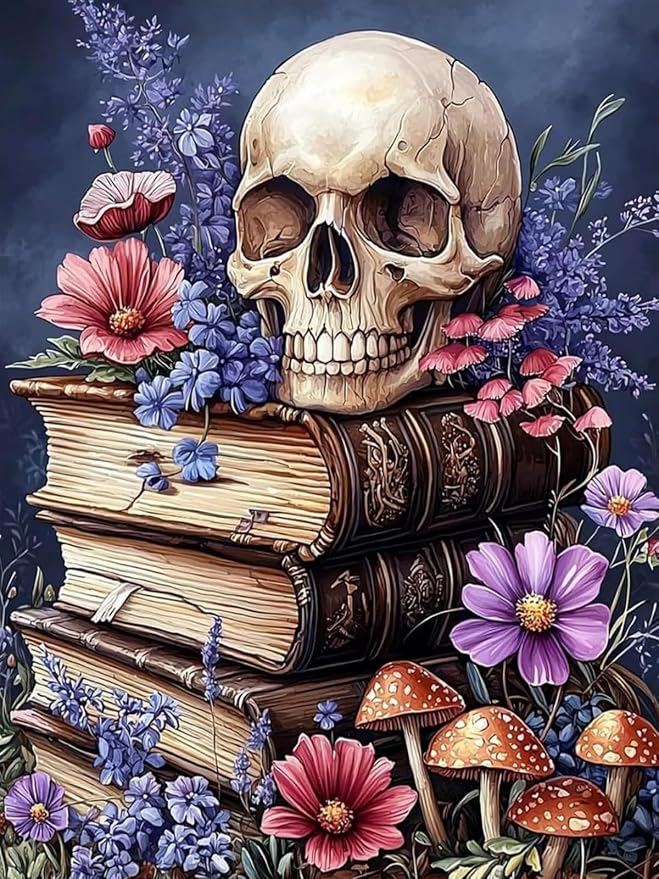 CHWGLFGG 5D Full Round Drill Diamond Painting Kit for Adults, Vintage Skull Old Books Wild Flower Mushroom Diamond Art Canvas, DIY Paint by Diamonds Dot Gem Craft 12x16 Inch for Home Wall Decor
