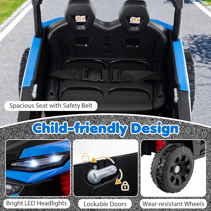 Costzon Kids Ride On UTV Car with Detachable Trailer, 12V Battery Powered Electric Vehicle with Remote Control, 3 Speeds, LED Lights, Music, Horn, Off-Road UTV for Boys & Girls (with Trailer,Blue)