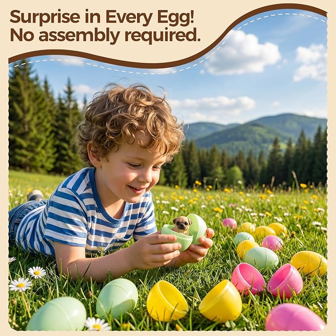 12Pcs Pre-filled Easter Eggs with Realistic Dog Figures - 2.36" Colorful Eggs & Solid Resin Puppy Toys - Hand-Painted Eyes & Mouth - Includes Golden Retriever, French Bulldog, Schnauzer & Corgi