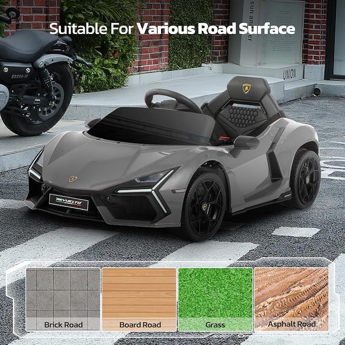 ELEMARA Lamborghini Toy Car for Kids to Drive with Scissor Doors,Electric Cars for Toddlers with Parent Remote, Kid 12V Children's Car with Bluetooth,MP3 Player, LED Light and Wide Seat, Gray
