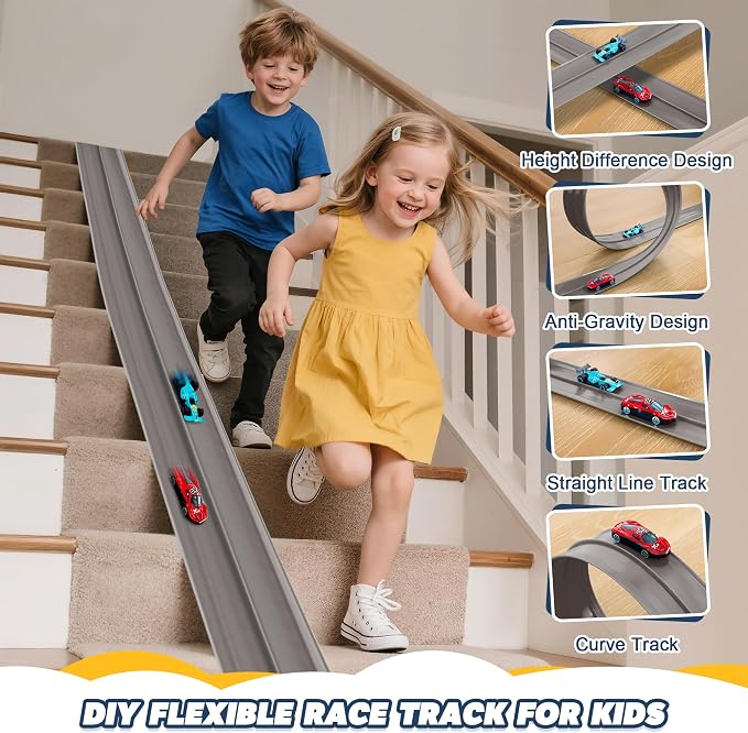 Flexible Race Track for Kids - 15 Ft Flex Track Race Car Tracks with Car Ramp Toy, Fit for Monster Truck Track & Kids' Play Cars, Race Tracks for Toddlers 3+, Gifts for Boys Girls (Gray)