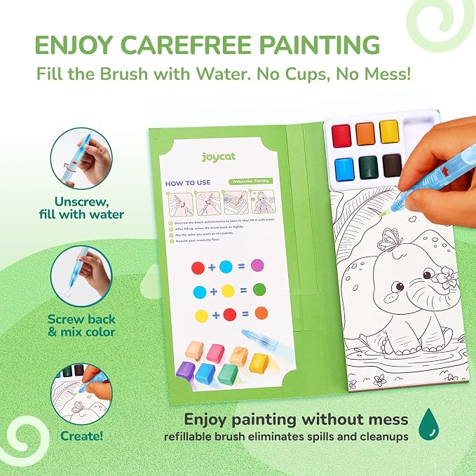 JoyCat Pocket Paint with Water Coloring Books for Kids, Art & Craft Activity Toy Set, Creative Travel & Home Painting Kit, Gifts for Girls & Boys Ages 3-8 (Animals)