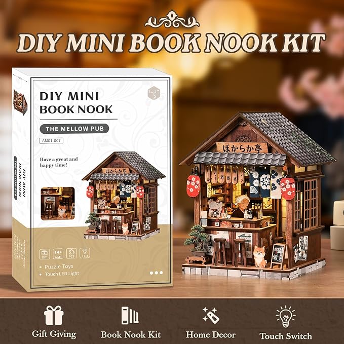 Book Nook Japan(Yiran Izakaya) Booknook Dollhouse Model, Decorative Bookshelf Display & Home Decor, 3D Wooden Puzzles Book Corner, DIY Miniature House Set