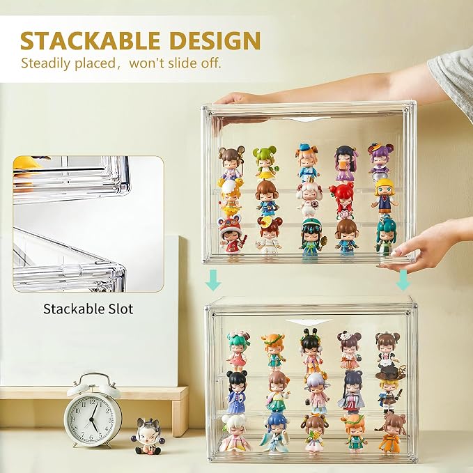 LXLXXL Acrylic Display Case for Collectibles 3 Layer Adjustable Figure Display Cases with Magnetic Door Clear Stackable Display Box for Figures Showcase 2Pack