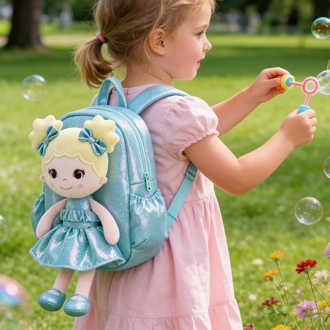 Lazada Toddler Backpack - Baby Girl Gifts Curly Fingerprints Plush Doll Dress Backpack - Fashion Girls Curly Rolled Fingerprints Series - Lake Blue 11 Inches