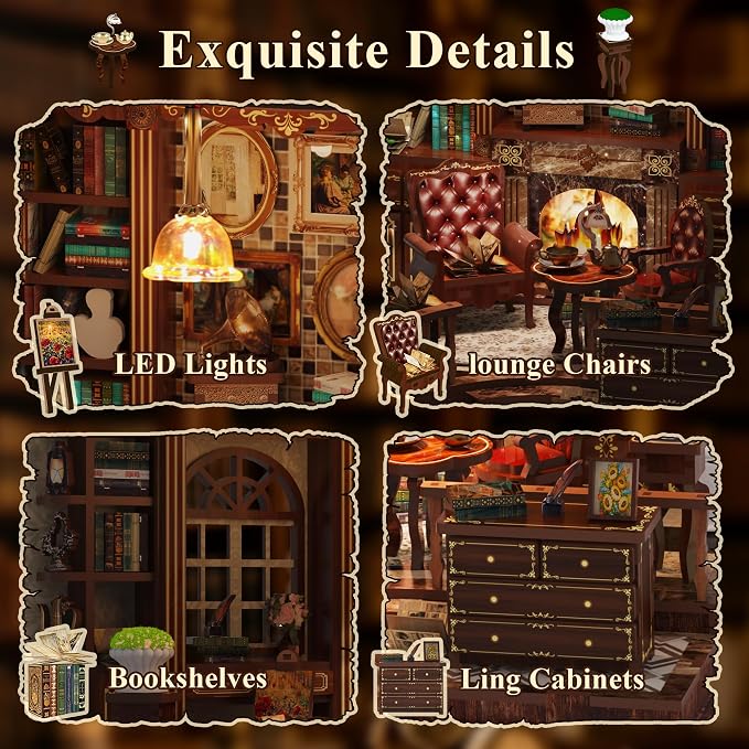 SUNNINO Book Nook Kits for Adults, DIY Miniature Dollhouse Kit 3D Wooden Puzzles for Adults and Beginners with Led Light, Book Nook Bookshelf Decor Craft Gifts for Family Friends