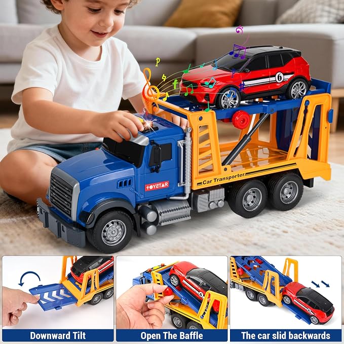 3 Pack 12'' Large Trucks Toy Set,Transport Tow Truck Toy & Dump Trucks and Car Carrier Truck Toys with Lights and Sounds,Friction Powered Movable Parts Kid Boys Toys for 3 4 5 6 7 Years Old