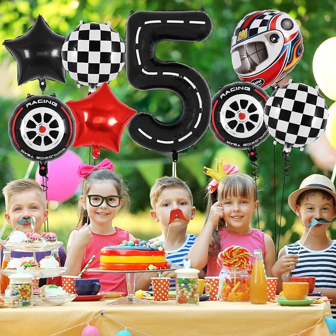 Race Car 5 Balloons, 40 Inch Racetrack Number 5 Balloon, Large Foil Mylar Racetrack Black 5 Balloon for 5 Year Old Birthday Race Car Themed Party Decoration