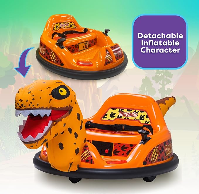 6V Raptor Dinosaur Toys Bumper Car - Kids Car to Drive, Ride On Toy, Auto-Inflated, w/Music, Parent Remote Control, LED Lights, 360° Spin, 1 MPH, Max Weight of 66lbs, Age 1.5-4 Years