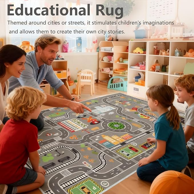 Car Rug Play Mat Road Rug,Kids Carpet Playmat Rugs City Life Great for Playing with Cars and Toys,Children Educational Race Track Rugs with Non-Slip Rubber Backing for Playroom Bedroom Classroom
