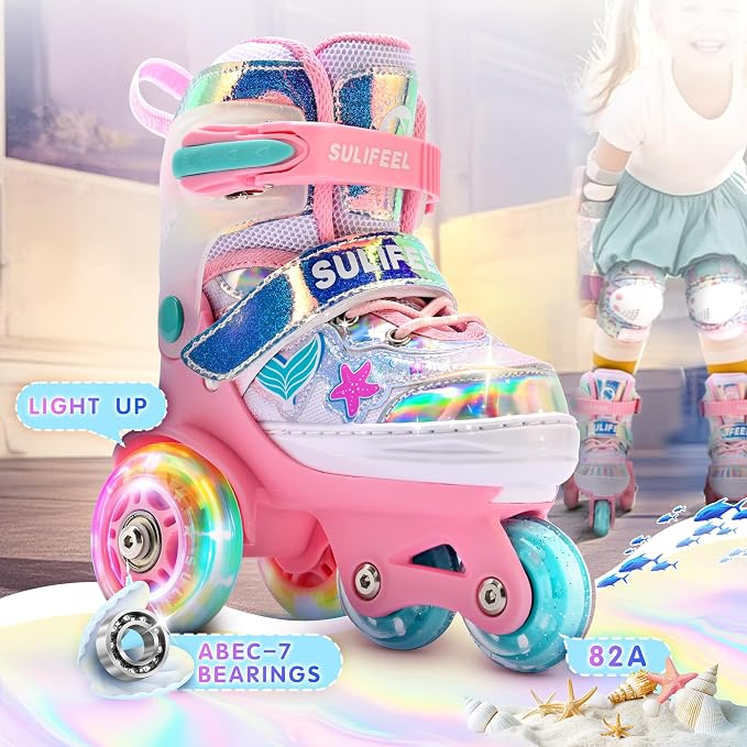 SULIFEEL Adjustable Roller Skates for Girls Boys Kids,Fun Illuminating Light Up Flash Wheels Three-Point Type Balance Suitable for Beginners Indoor Roller Skating