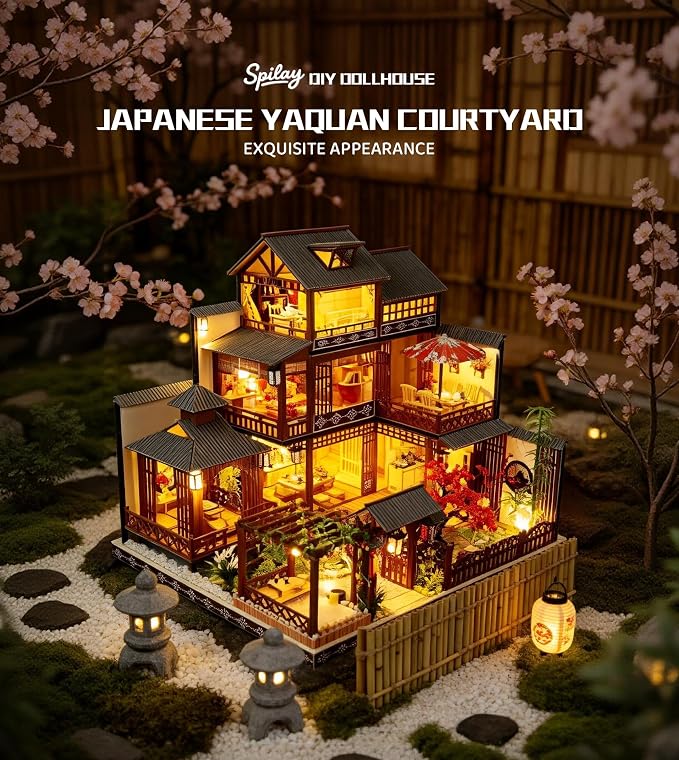 Spilay DIY Dollhouse Miniature with Wooden Furniture,DIY Dollhouse Kit Big Japanese Courtyard Model with LED & Music Box,1:24 Scale Creative Room Gift Idea for Adult Friend Lover (Yaquan Courtyard)
