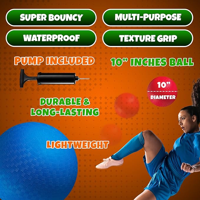 10 Inch Red & Blue Kickball Set - (2-Pack) with Pump - Large Playground Balls for Kids, Teens & Adults - Gym Sports Balls for Kickball, PE, Recess, Four Square & Backyard Games