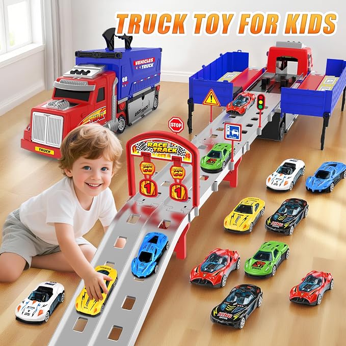 Carrier Truck Race Track Toys, Truck Toys for 3, 4, 5, 6, 7, 8 Years Old Kids, Foldable Transport Truck Toys Car with Lights & Sounds, 6 Metal Cars, Birthday Gifts for Toddler Boys Girls