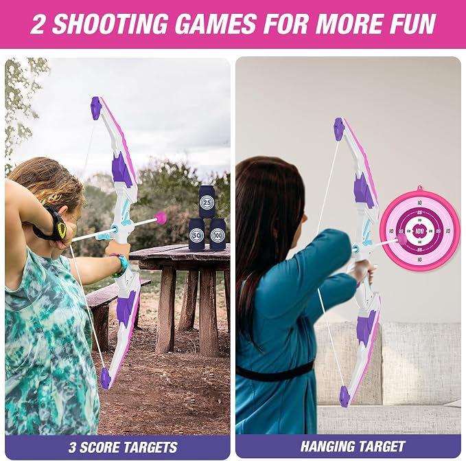 HYES Bow and Arrow for Kids, LED Light Up Archery Set with 12 Suction Cup Arrows, 1 Hanging Target, 3 Score Targets & 1 Quiver, Indoor Outdoor Sport for Boys Girls Ages 4-12, Purple