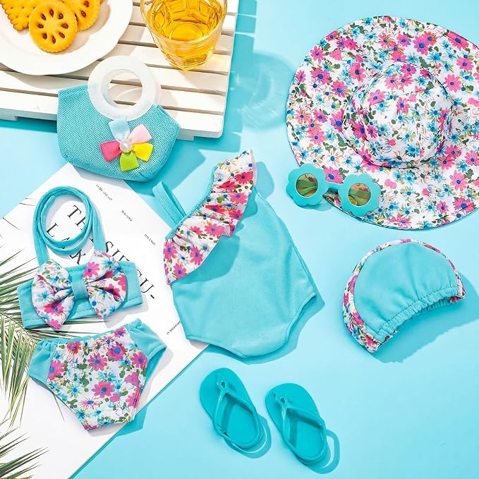 Kajaia 8 Pcs Light Blue 18 Inch Doll Clothes and Accessories Doll Swimsuit Dress Flip Flops Hat Outfit Swimsuit Accessories