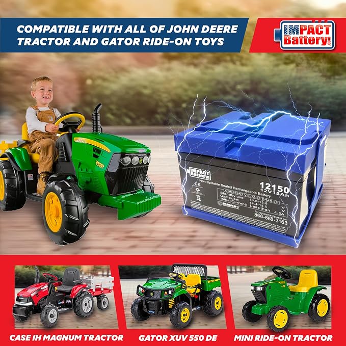 Impact 12V 15 Amp Battery Upgrade for Peg Perego John Deere Tractor Ride-on-Toys | Gator and Gauncho | Replace 12-Volt 12 Ah for Kids Tractor
