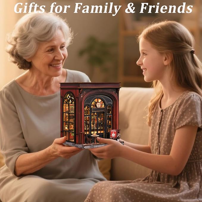 ISSEVE Coffee Shop Book Nook Kit for Adults with LED Light, Bookshelf Decor | DIY Miniature Dollhouse, Book Ends Decor, Gifts for Book Lovers Women Family Friends, Holiday Gift, 3D Wooden Puzzle