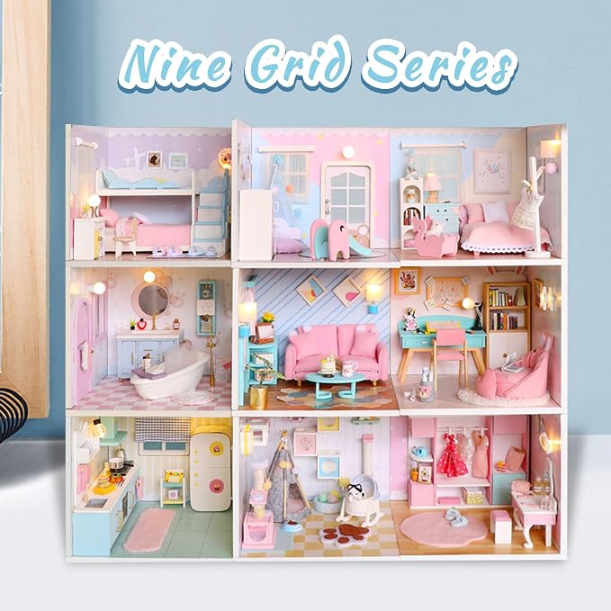 Kisoy Dollhouse Miniature with Furniture Kit, DIY 3D Wooden DIY House Kit A Corner of a Small Apartment Style with Dust Cover & LED, Handmade Tiny House Toys for Adults and Teens Gift（Living Room）