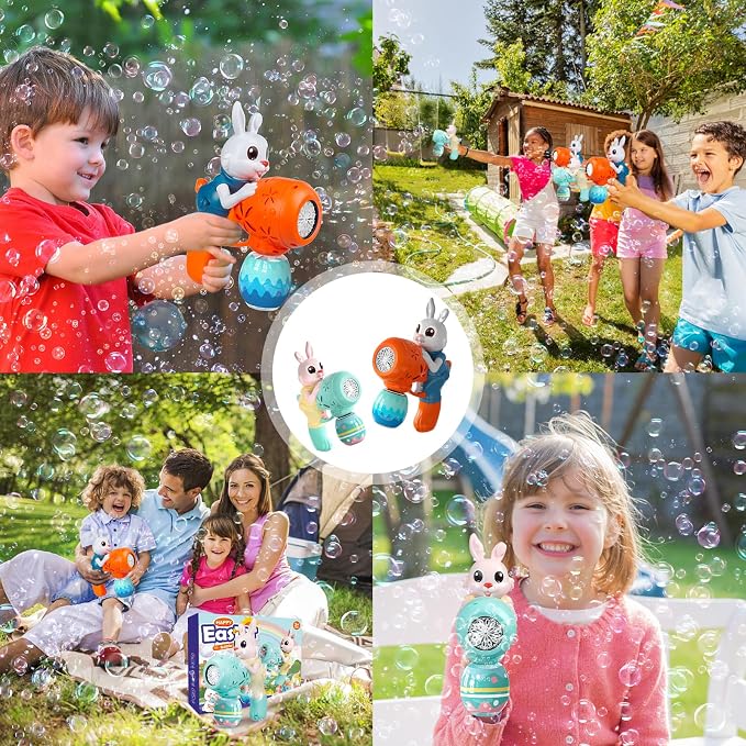 IFLOVE 2-Pack Rabbit Bubble Machine for Kids, Automatic Bubble Gun Ages 3-8 | Bunny & Easter egg design, 12 outlets blow 5,000+ bubbles; 10 solution packs; summer outdoor toy; needs 4 AA batteries