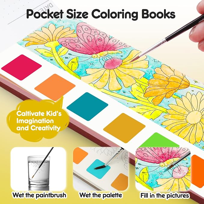 Watercolor Painting Coloring Books Pocket Watercolor Paint Bookmarks, Mess Free Paint with Water Set, Travel Class Activities Art Party Favors Exchange Birthday Gifts for Kids