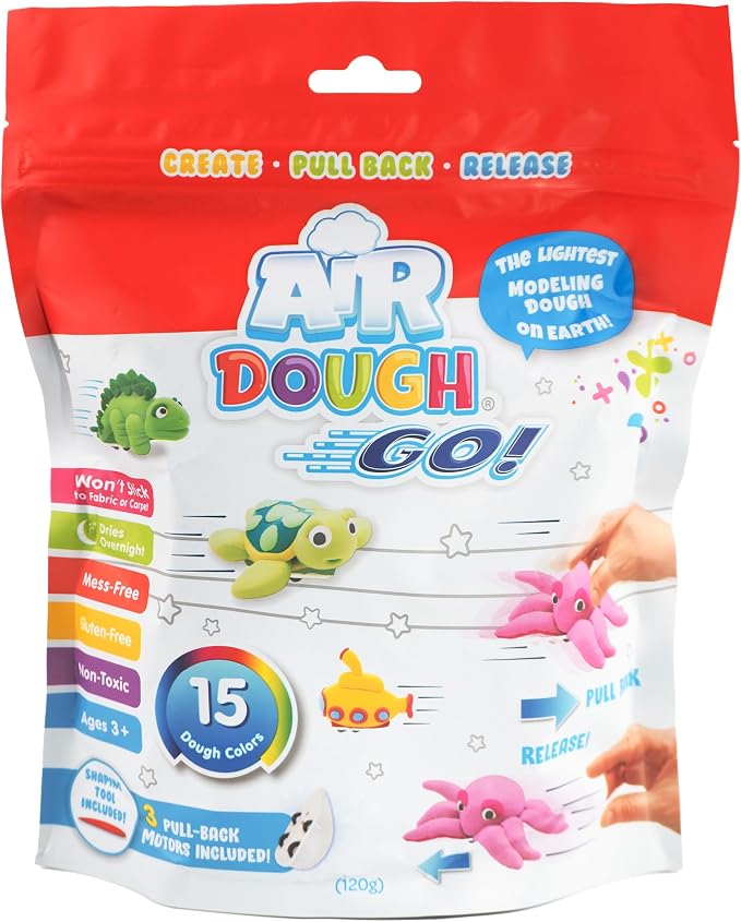 Air Dough Go - Multicolor, Air Dry, Ultra Light, Non-Toxic Modeling, Colorable, Paintable Clay in a Resealable Bag Including Sculpting Tool, Pull Back Motors, 16 air Dough Colors