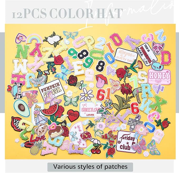 Hercicy 12 Pack DIY Trucker Hats Kit, Sublimation Blank Baseball Caps with 120 pcs Embroidered Patches DIY Craft for Party (Classic,Colorful)